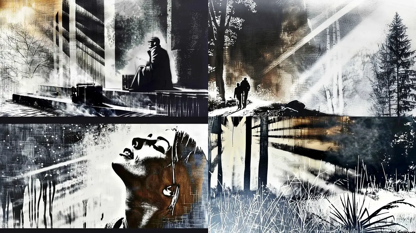 Monochromatic Dreamscape: A Synthesis of Film Noir and Expressionist Textures - Midjourney sref style