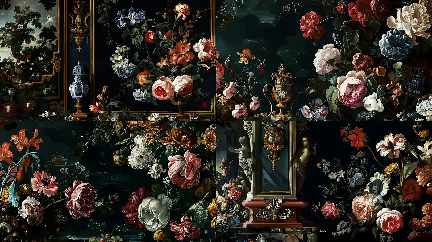 Richly Textured Floral Composition with Dramatic Lighting - Midjourney sref style