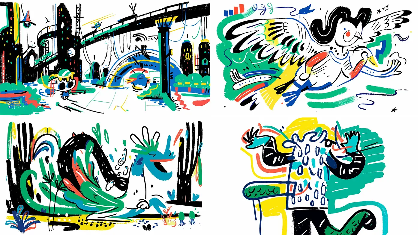 Vibrant Abstract Expressionist Fusion with Dynamic Scribbles and Bold Contours - Midjourney sref style