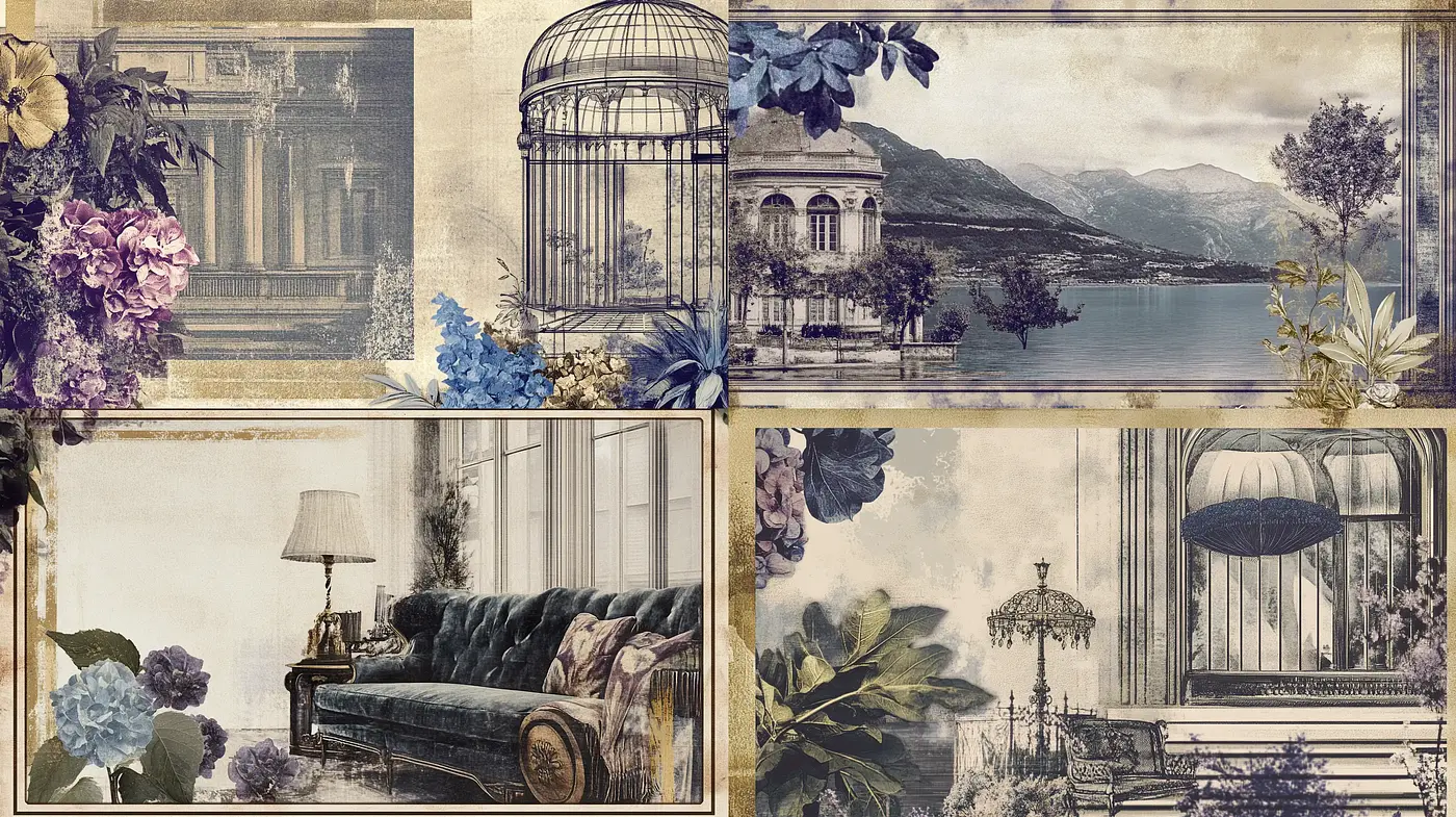 Elegant Antique Elegies: A Romantic Fusion of Classical Architecture and Botanical Illustrations - Midjourney sref style
