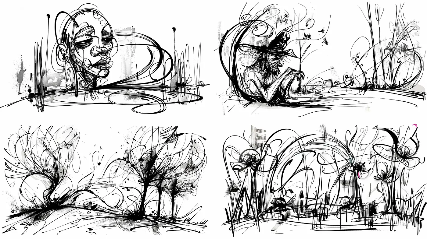 Energetic Ink Sketch Expressions with a Whimsical Noir Flair - Midjourney sref style
