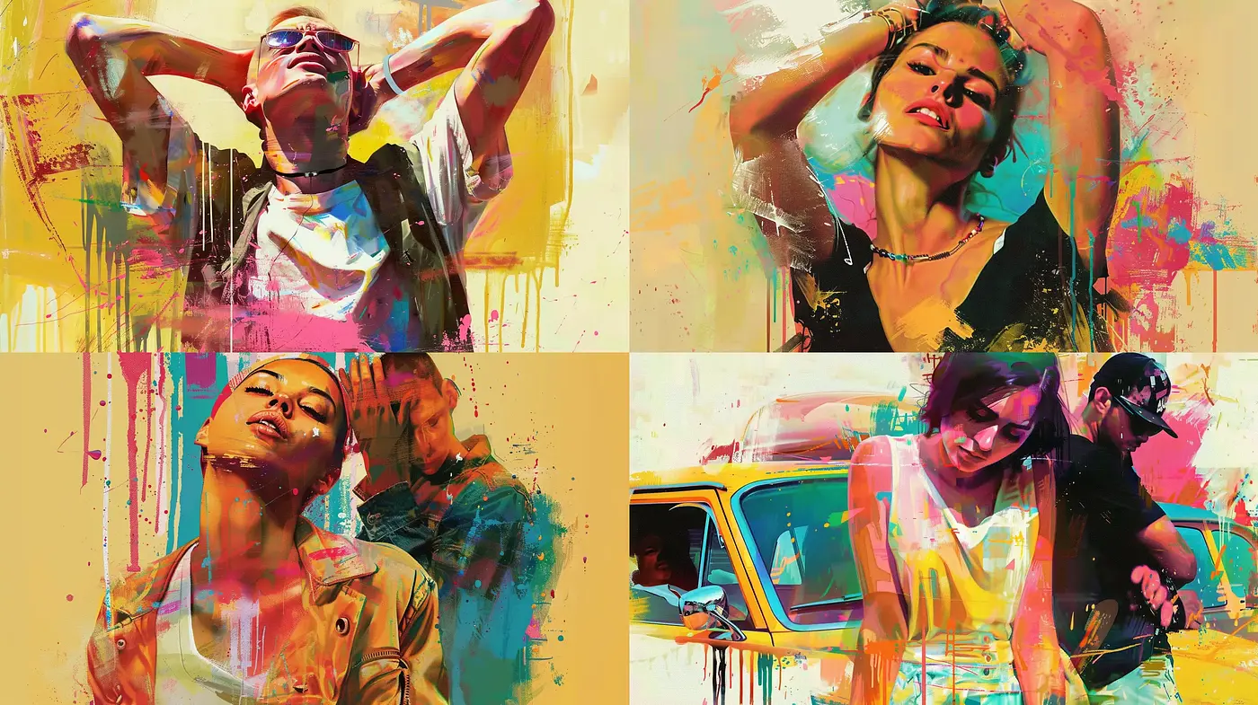 Vibrant Drip and Splatter Portraiture with a Cinematic Edge - Midjourney sref style