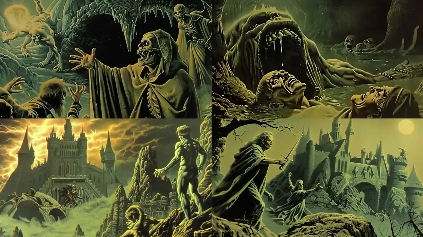 Eerie and Dark Fantasy Illustration with Consistent Thematic Elements - Midjourney sref style