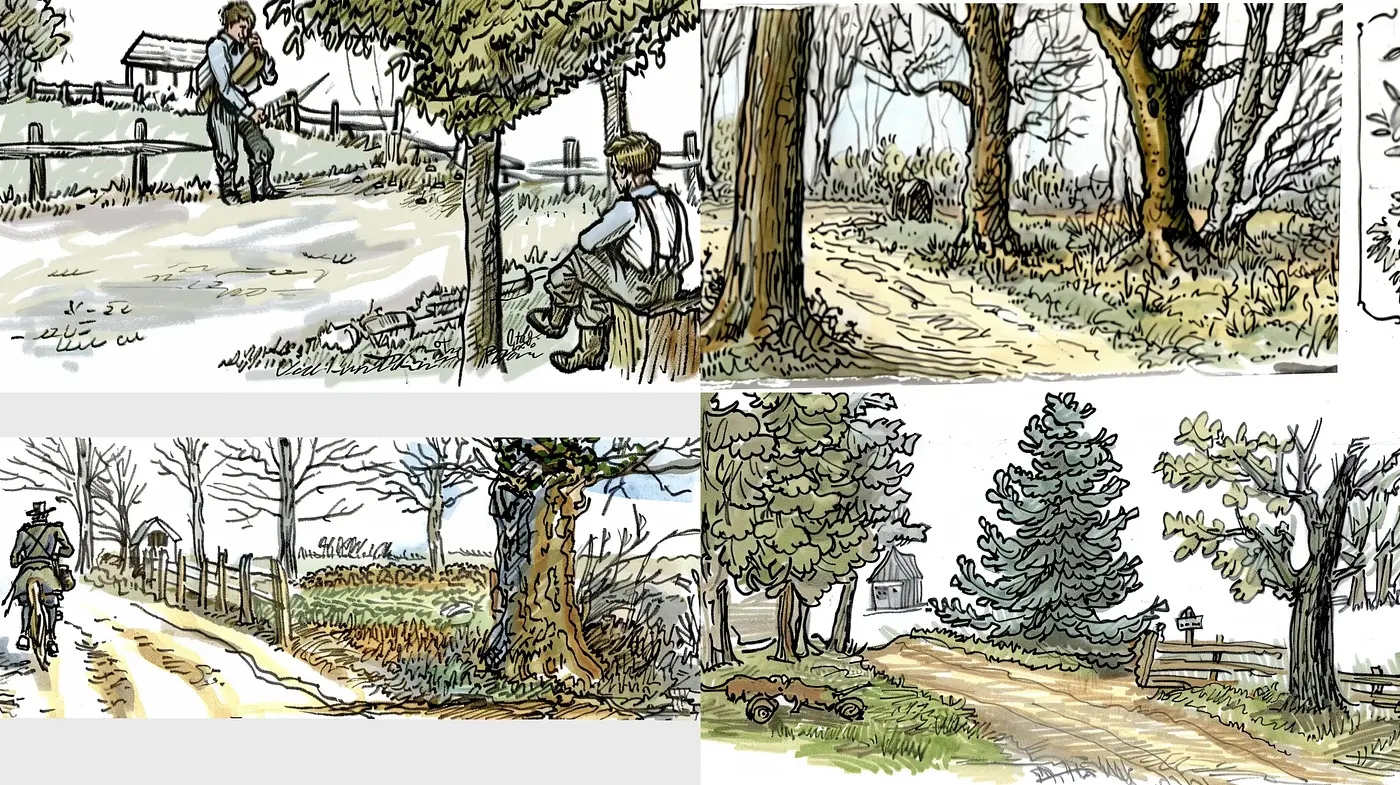 Consistent Ink and Watercolor Countryside Scenes - Midjourney sref style