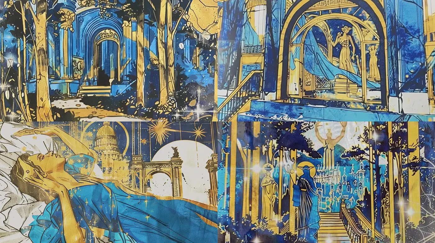 Ethereal Art Nouveau Dreamscapes with a Luminous Cobalt and Gold Palette - Midjourney sref style