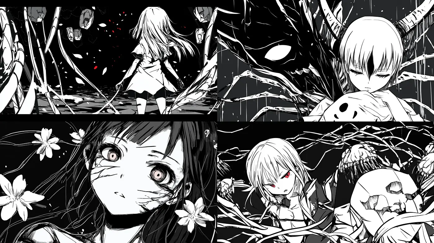 Monochromatic Dreamscape of Ethereal Anime Illustrations - Midjourney sref style