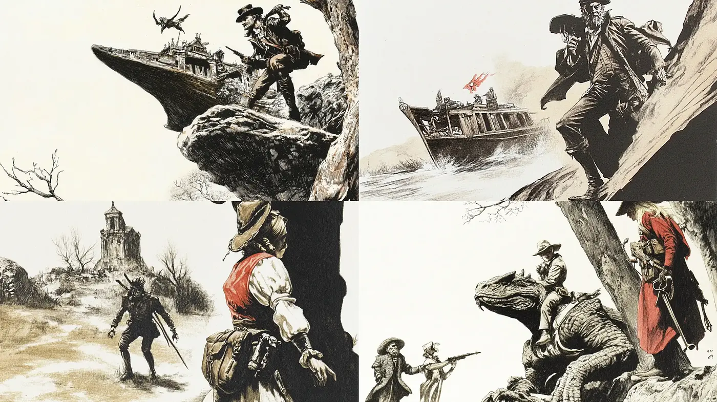 Parchment Hues of Adventure: A Cohesive Blend of Dynamic Illustration and Nostalgic Storytelling - Midjourney sref style