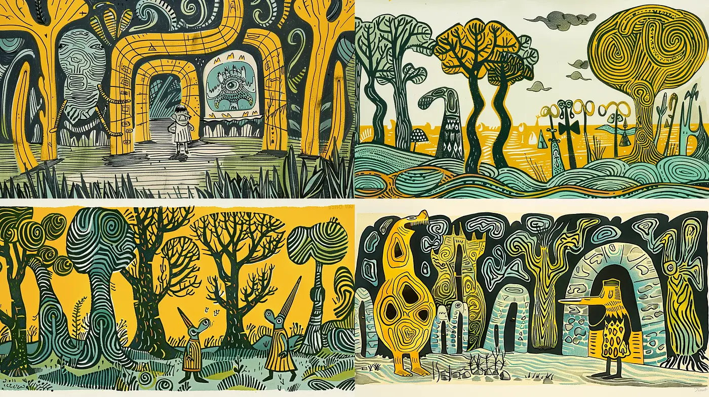 Surrealist Fantasy Landscapes with Whimsical Arbor Motifs - Midjourney sref style