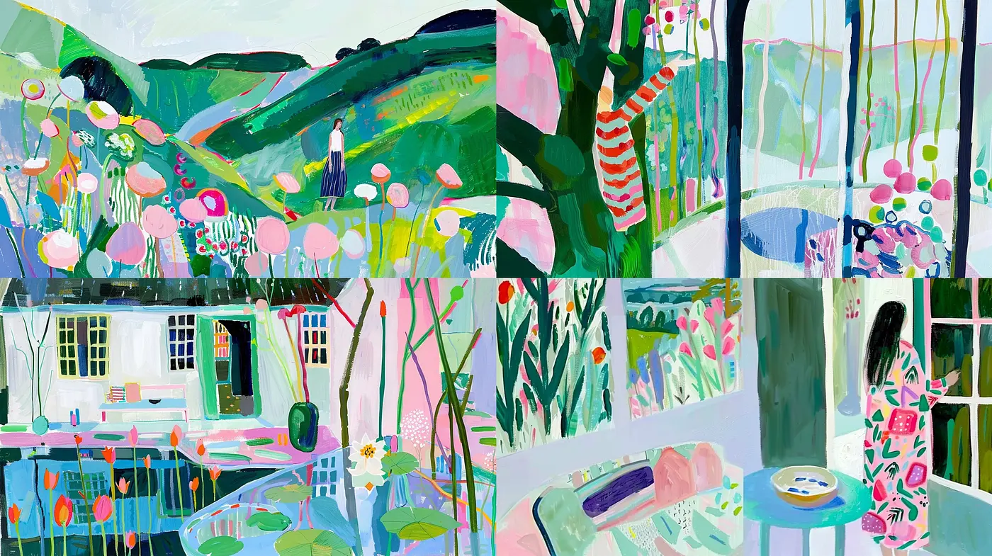 Vibrant Pastoral Expressionism with Whimsical Brushwork and a Lush Color Palette - Midjourney sref style