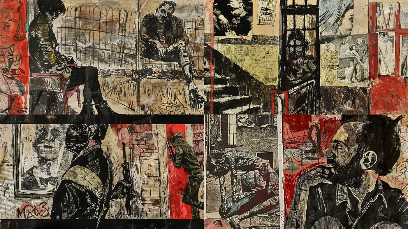 Gritty Textural Montage with Vintage Undertones - Midjourney sref style