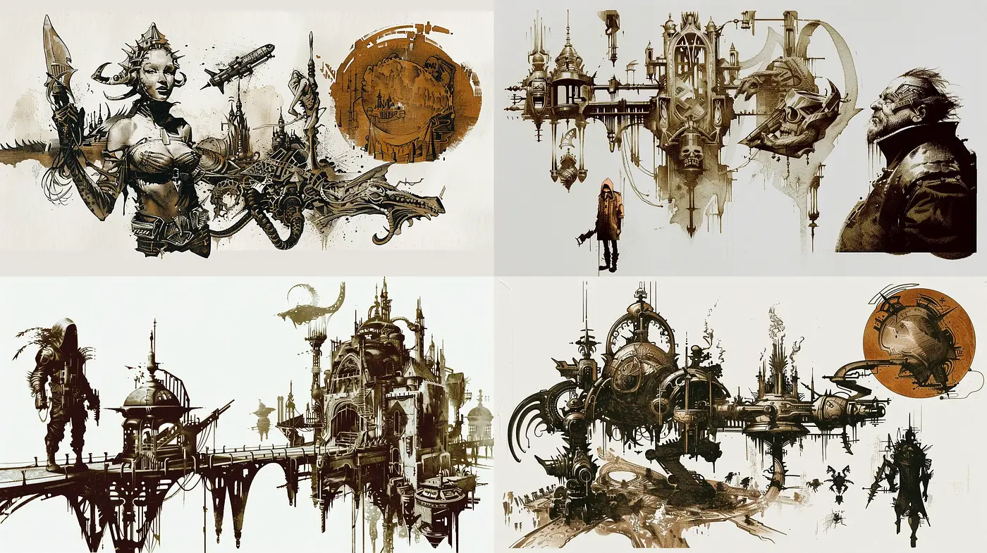 Ethereal Steampunk Dreamscape with Sepia-Toned Essence - Midjourney sref style