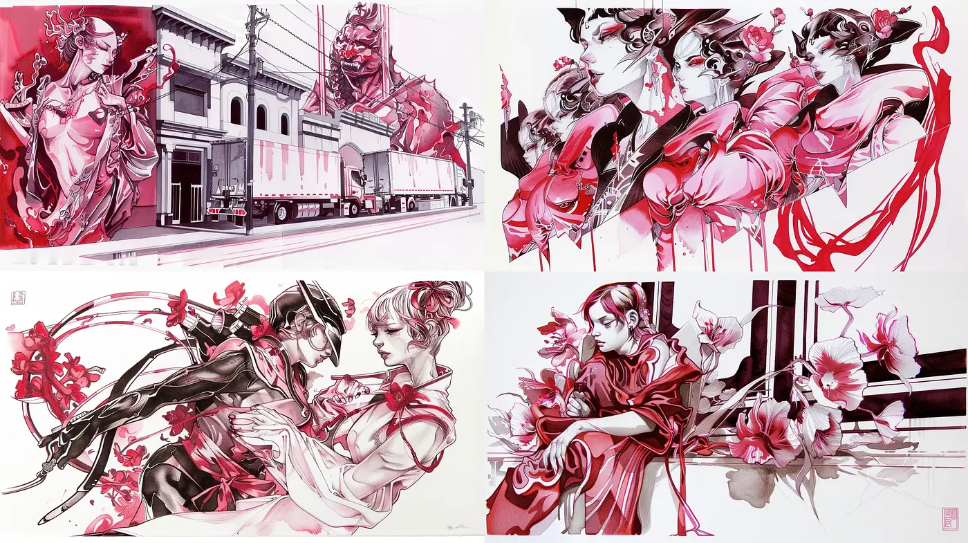 Ethereal Crimson Brushwork: A Harmony of Ink and Emotion - Midjourney sref style