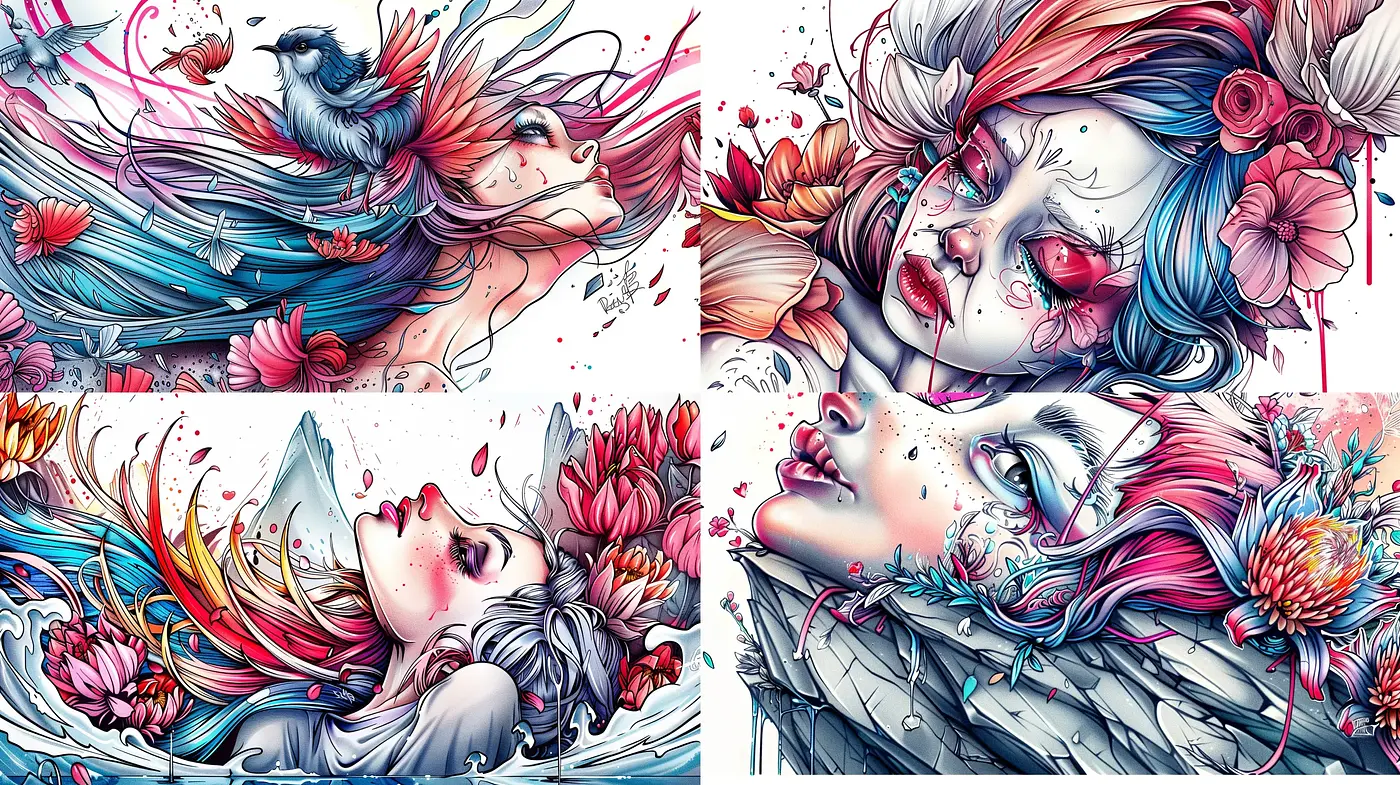 Vibrant Blossom Fantasy: An Exploration in Vivid Tones and Ethereal Flow - Midjourney sref style