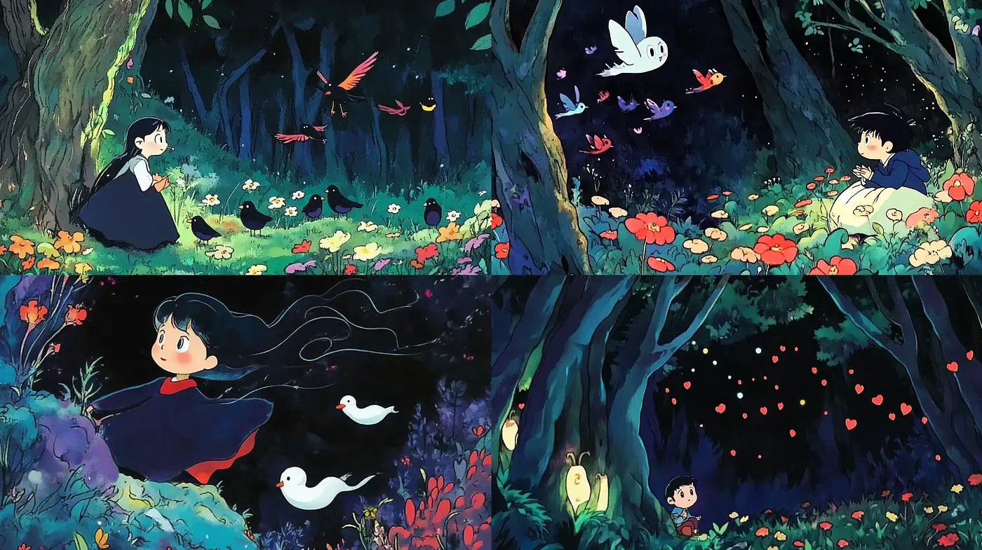 Enchanted Nocturne Forest Scenes in Lush Anime Style - Midjourney sref style