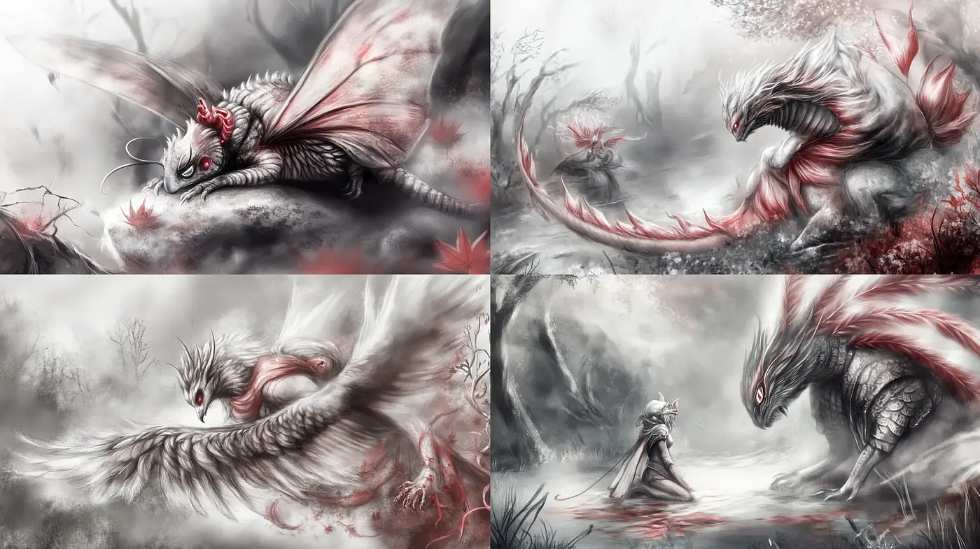 Ethereal Monochrome Dreamscape with Crimson Accents - Midjourney sref style