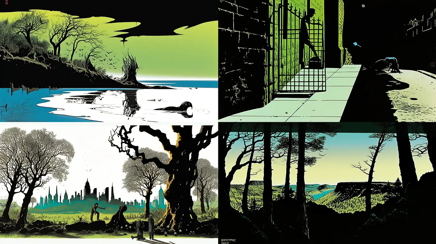 Silhouetted Contrasts: Stark Shadows and Vivid Hues in Graphic Landscapes - Midjourney sref style