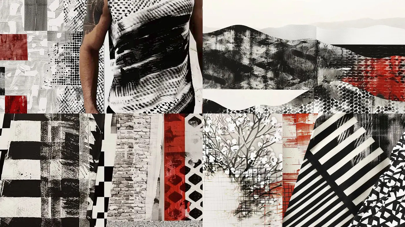 Collage of Monochrome Textures and Geometric Patterns - Midjourney sref style