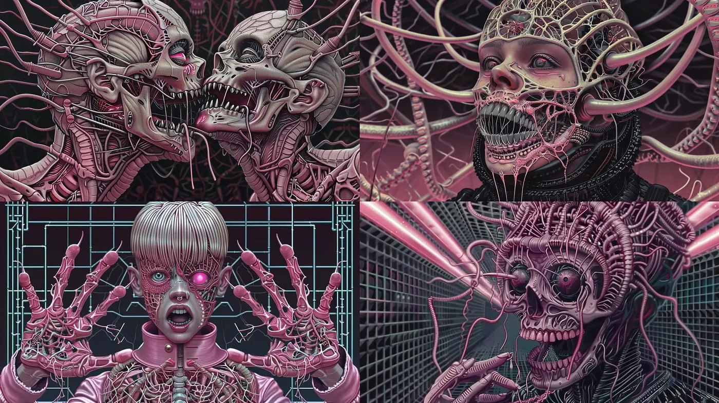 Cybernetic Horrorscape: A Fusion of Biomechanical Aesthetics and Neon Noir - Midjourney sref style