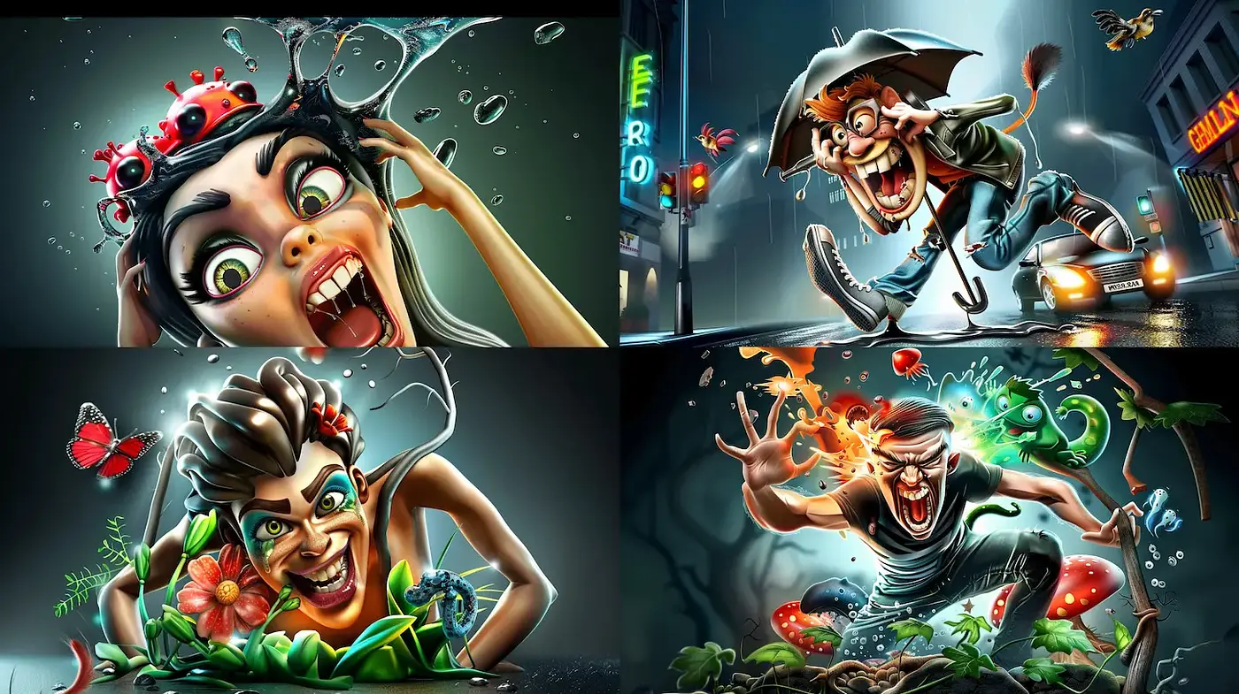 Vibrant and whimsical illustrations with exaggerated expressions - Midjourney sref style