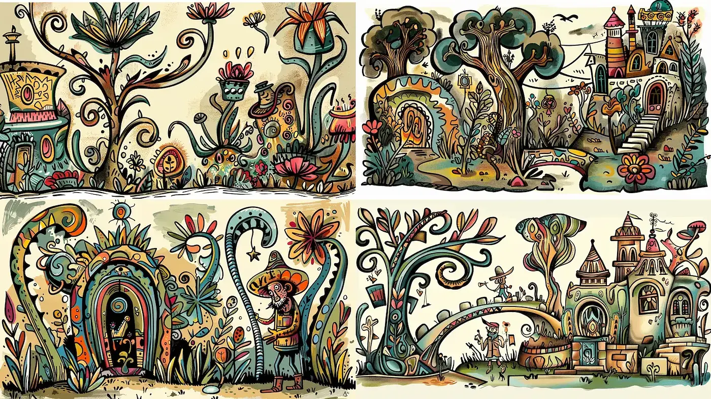 Whimsical Illustrations with Vibrant Flora and Playful Characters - Midjourney sref style