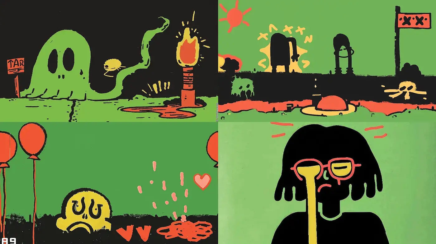 Eclectic and vibrant visual narrative with playful yet melancholic undertones - Midjourney sref style