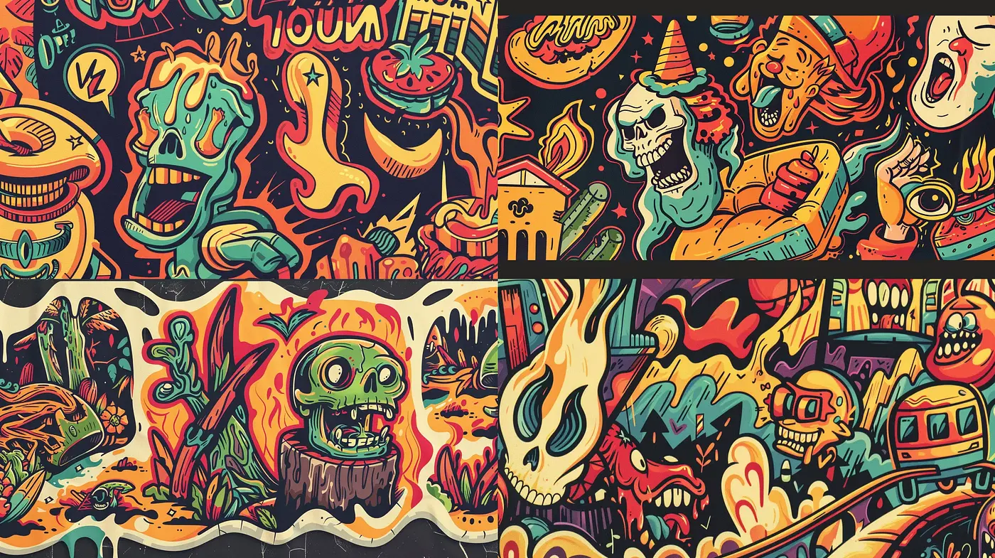 Psychedelic Groove: A Fusion of Vibrant Chaos and Retro Illustration - Midjourney sref style