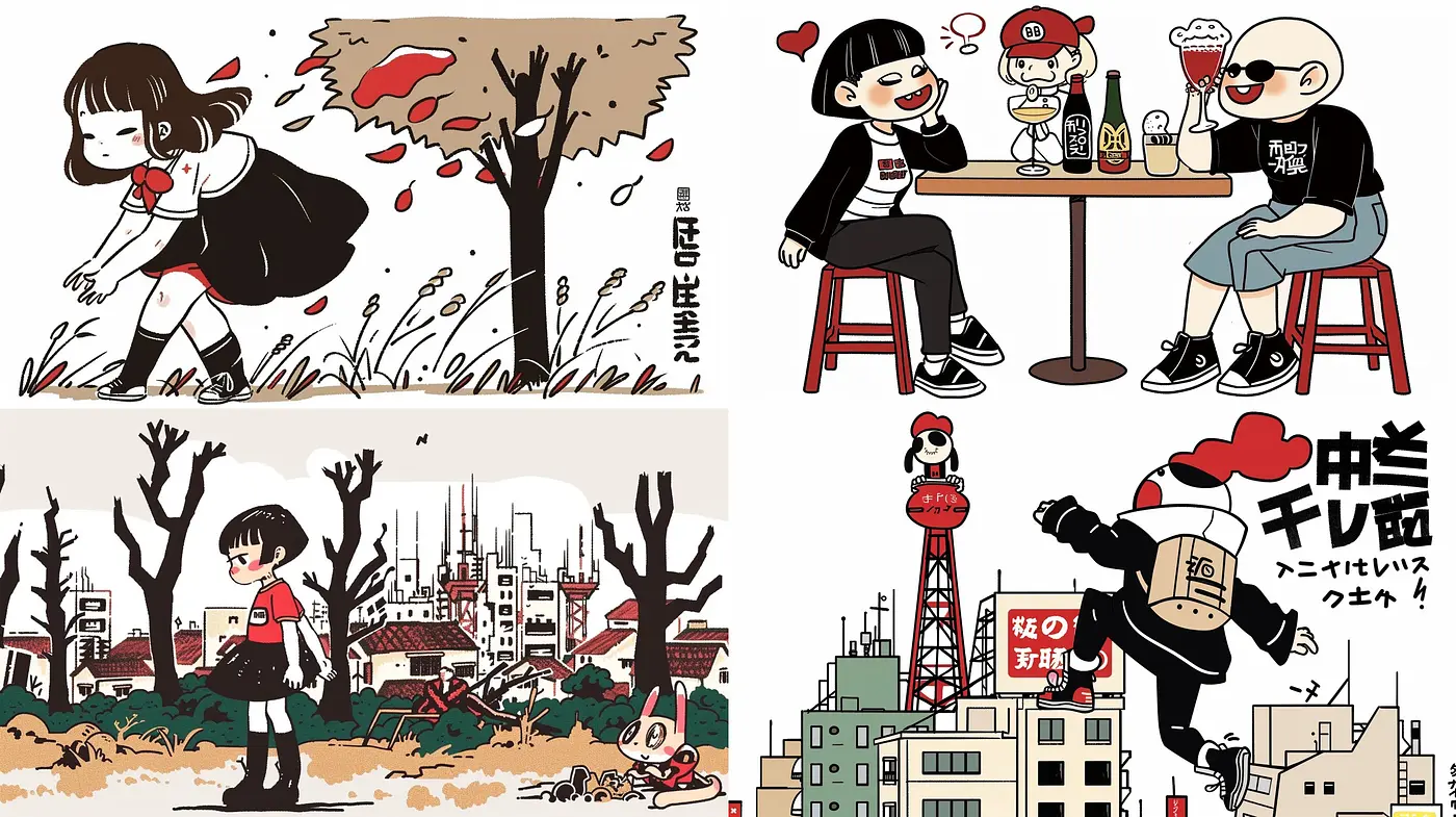 Urban Whimsy: A Retro Comic Book Reverie in Monochrome and Red - Midjourney sref style