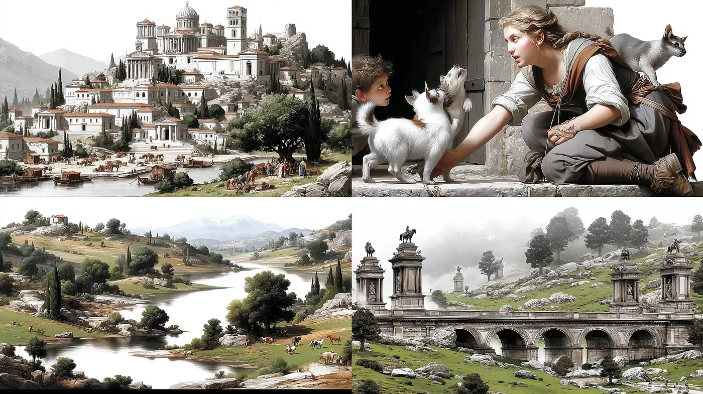 Serene pastoral landscapes with historical elements and charming interactions among humans and animals - Midjourney sref style