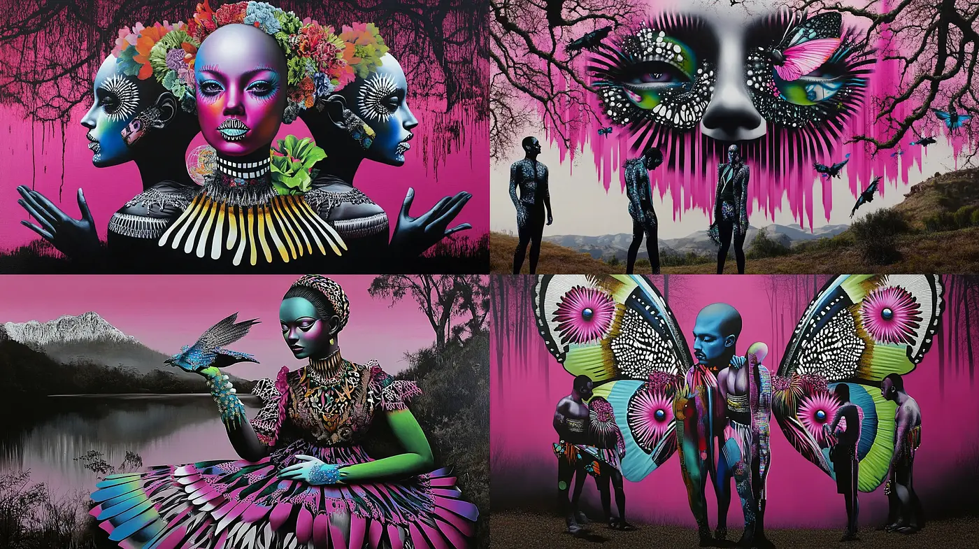 Surreal Technicolor Dreamscape with Afrofuturistic Essence - Midjourney sref style
