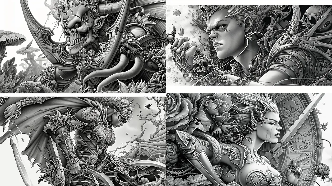Monochromatic Fantasia: An Homage to Detailed Ink Illustrations - Midjourney sref style