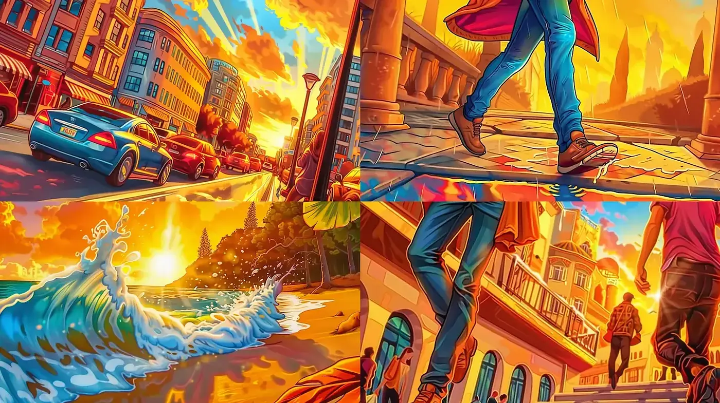 Vibrant Urban and Natural Scenes with Dynamic Lighting - Midjourney sref style