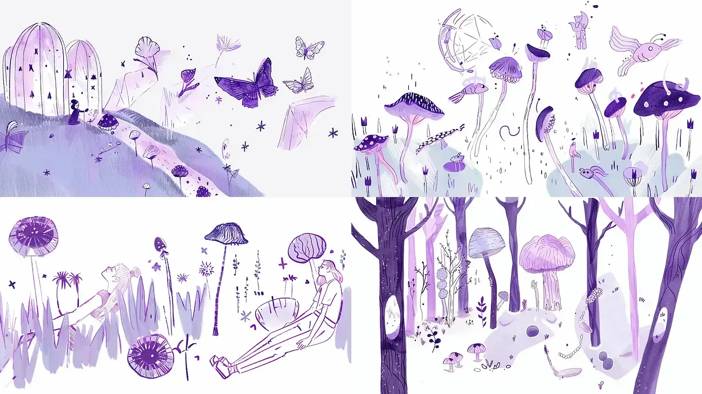 Whimsical Purple Dreamscapes with Subtle Nature Motifs - Midjourney sref style