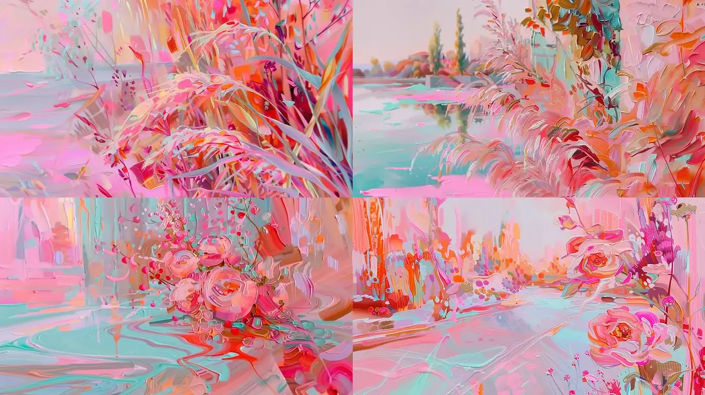 Vibrant, fluid landscapes with a surreal touch reminiscent of abstract expressionism - Midjourney sref style