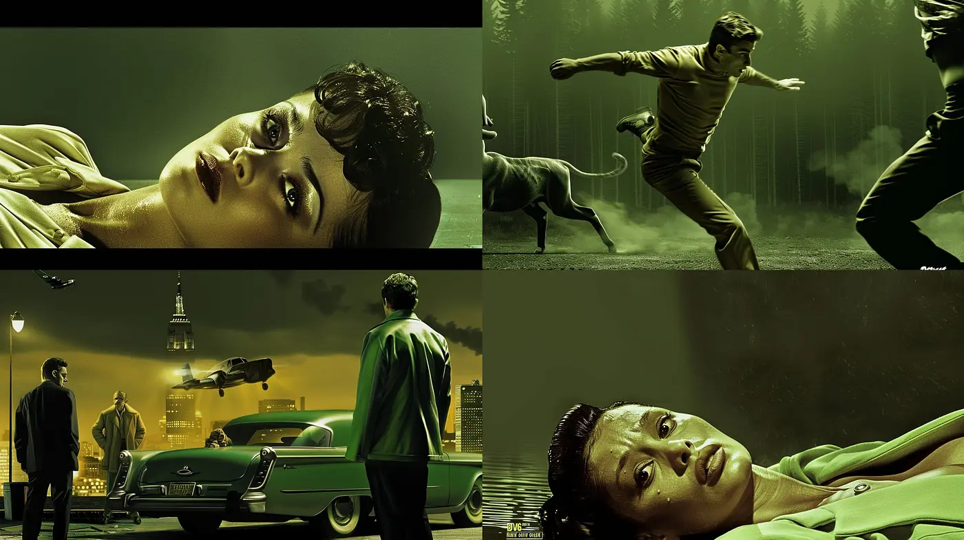 Noir-Inspired Cinematic Tapestry with a Unified Yellow-Green Overcast - Midjourney sref style
