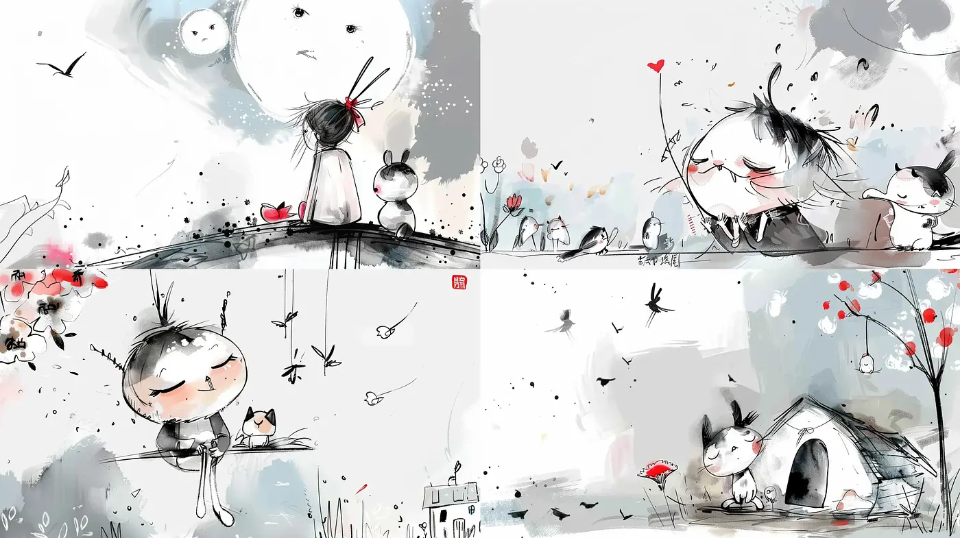 Whimsical Ink-Washed Dreamscape with a Touch of Melancholy - Midjourney sref style