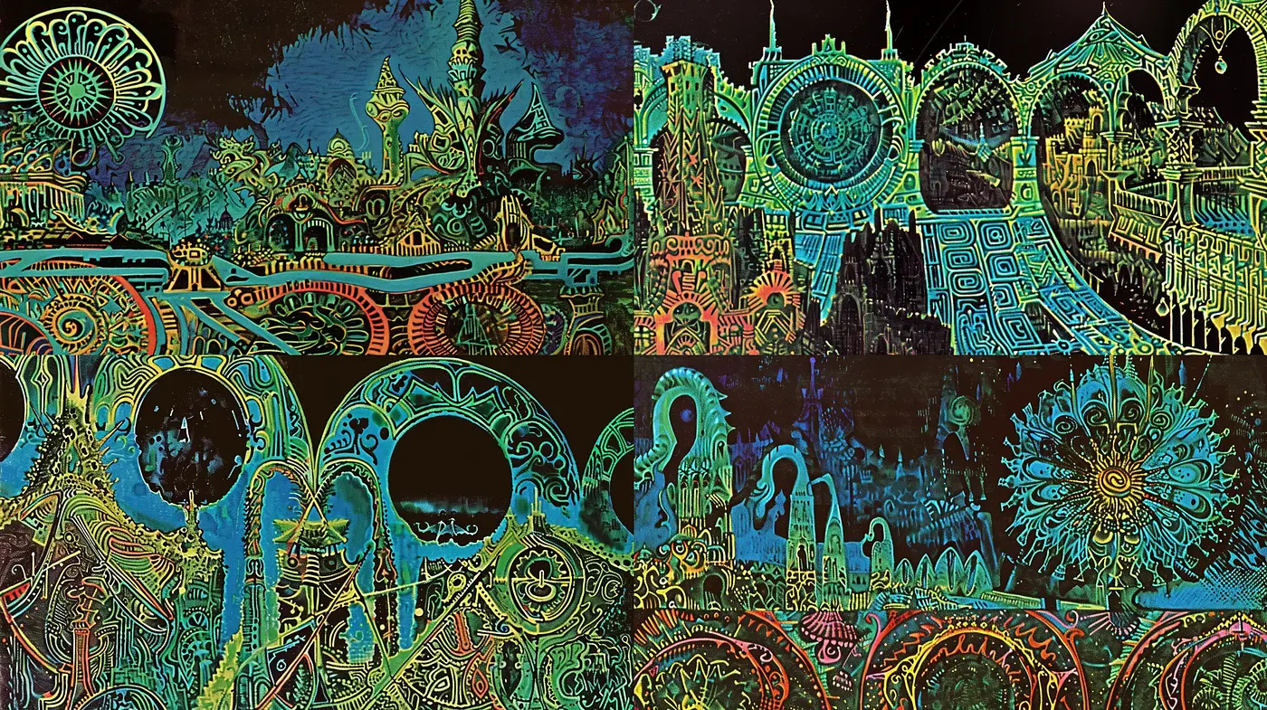 Luminous Psychedelic Complexity: A Transcendent Artistic Vision in Vivid Colors - Midjourney sref style