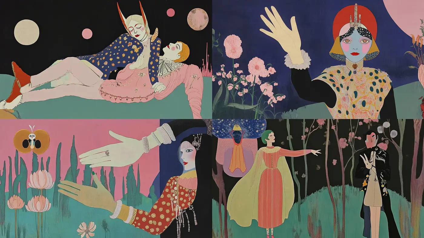 Ethereal Dreamscape Synthesis: A Harmonious Fusion of Surreal Characters and Pastel Nature - Midjourney sref style