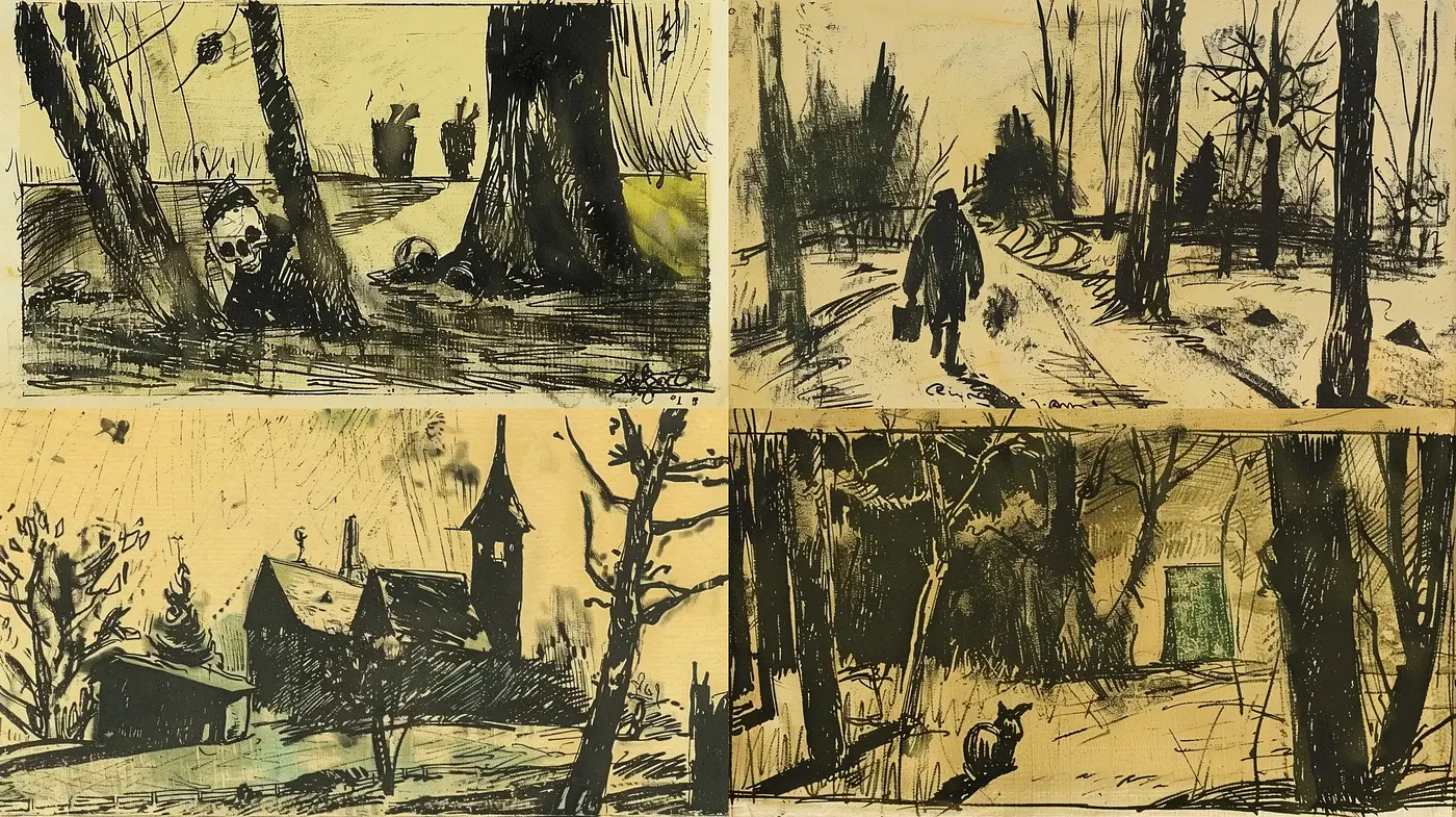 Rustic Ink Etchings with a Noir Storybook Essence - Midjourney sref style