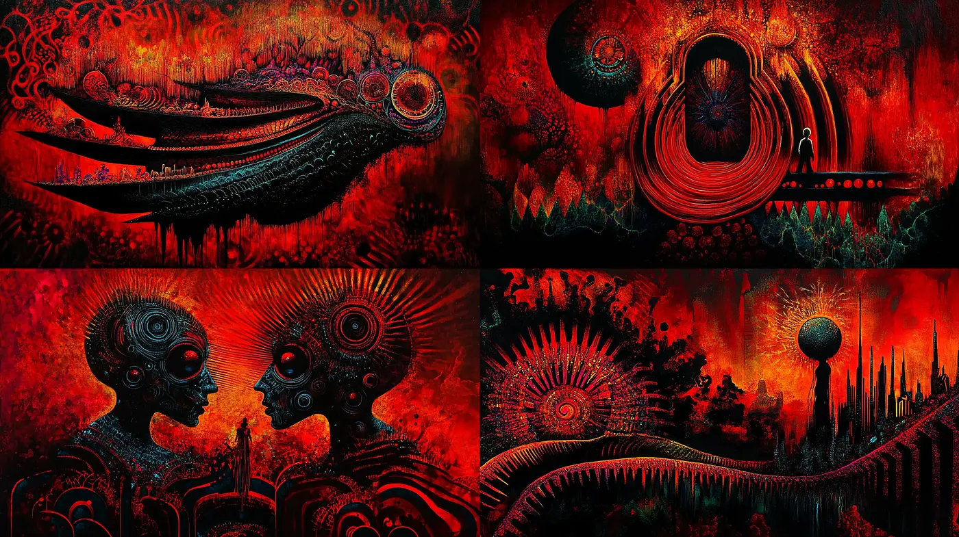 Surrealistic Fusion of Organic and Mechanical Forms in a Crimson Dreamscape - Midjourney sref style