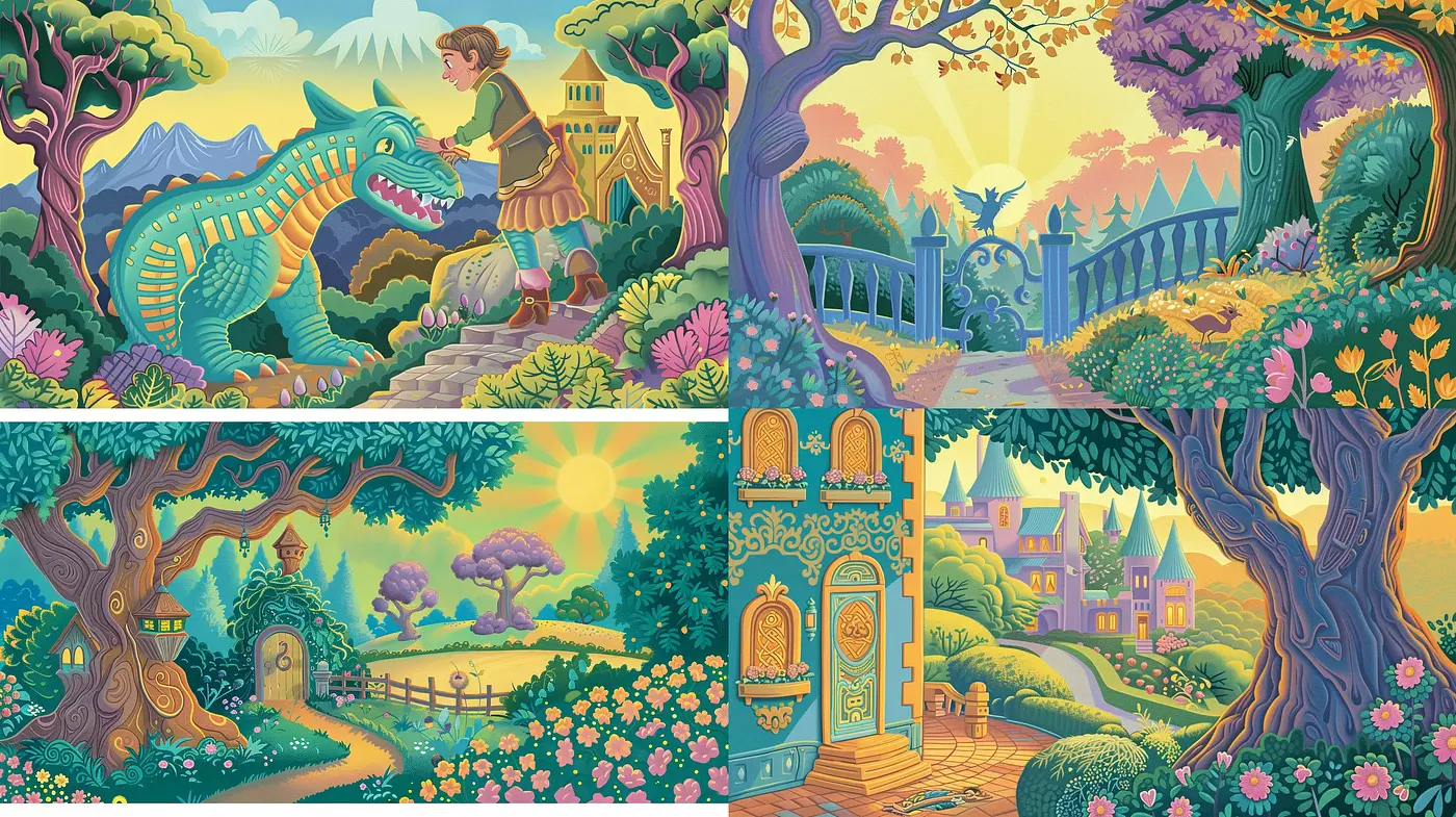 Enchanted Chromatic Tapestry: A Vivid Mosaic of Stylized Nature and Whimsical Structures - Midjourney sref style
