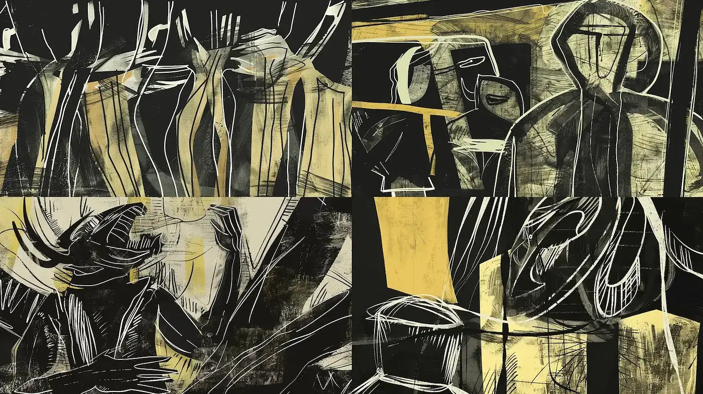 Expressive Monochromatic Art with Distinctive Gestural Linework and Limited Color Scheme - Midjourney sref style