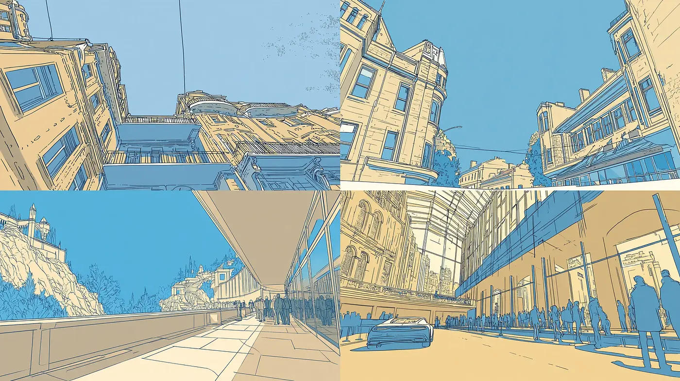 Contemporary Architectural Line Art with a Soft Color Palette - Midjourney sref style