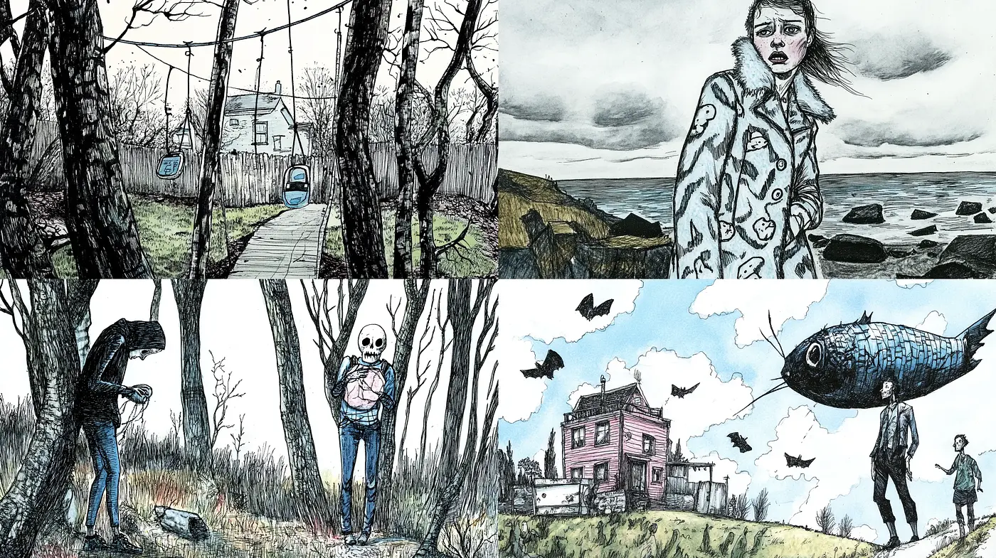 Eerie Tale Illustration Series with Pen and Ink Essence - Midjourney sref style