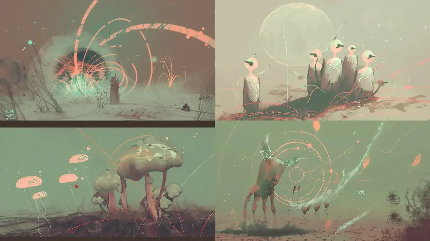 Surreal, dreamlike landscape with organic forms and ethereal elements - Midjourney sref style