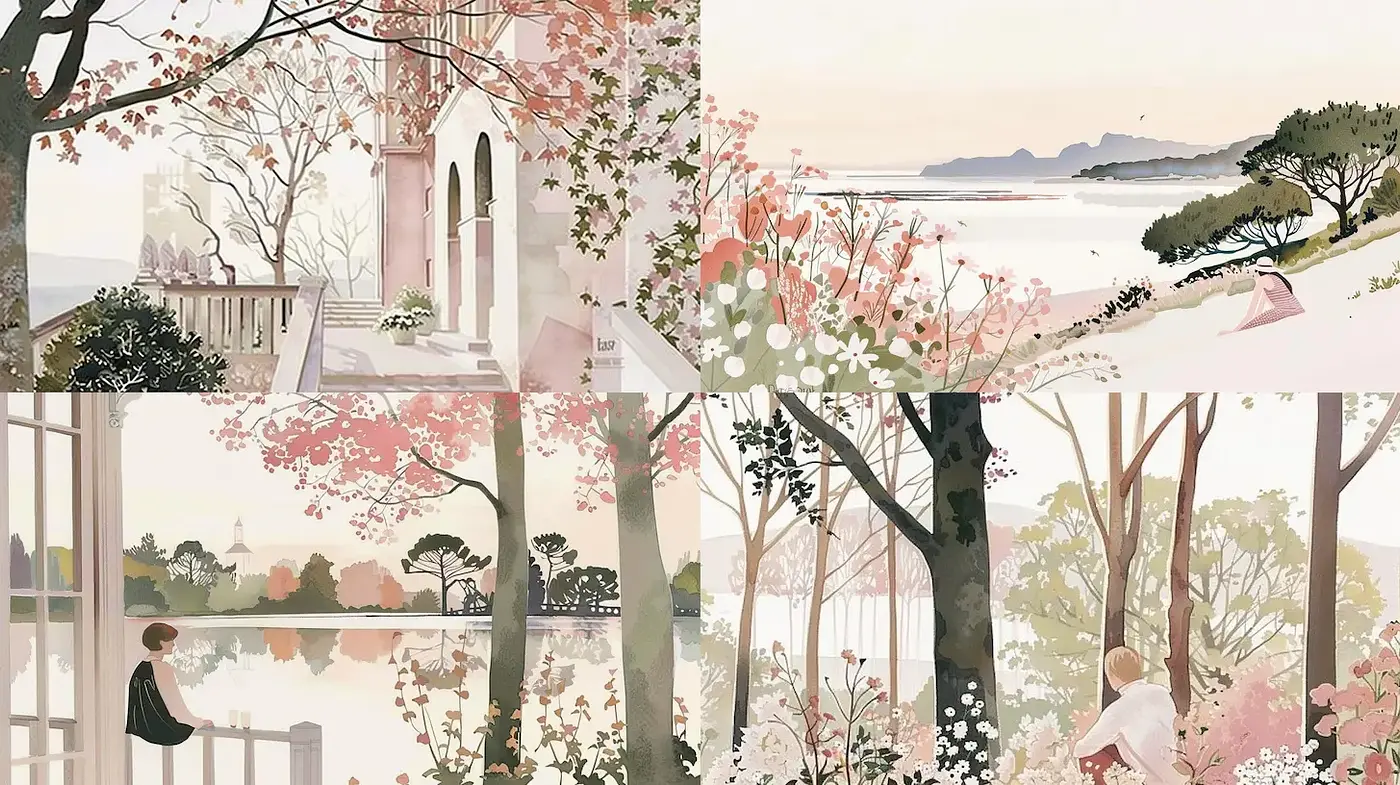 Serene and Dreamy Landscape Illustrations with a Soft Color Palette - Midjourney sref style