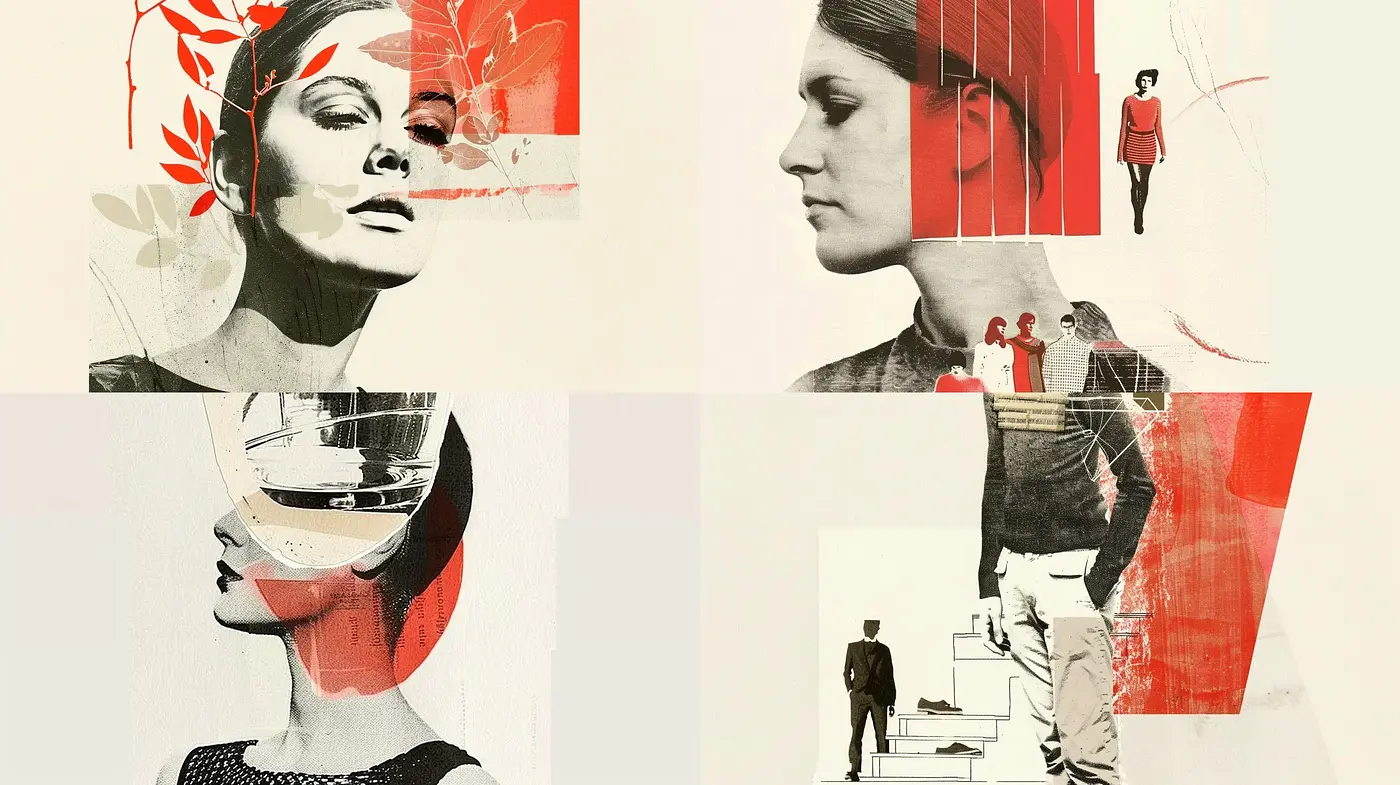 Collaged Dreamscape of Stylized Portraiture and Abstract Forms - Midjourney sref style
