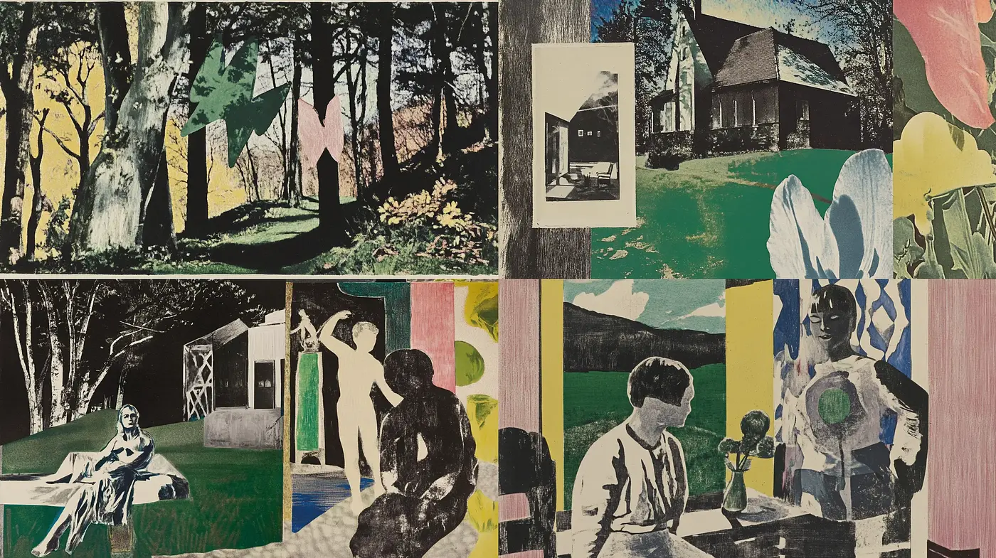 Collage of Vintage Scenes with Artistic Cutouts and Pastel Intrusions - Midjourney sref style
