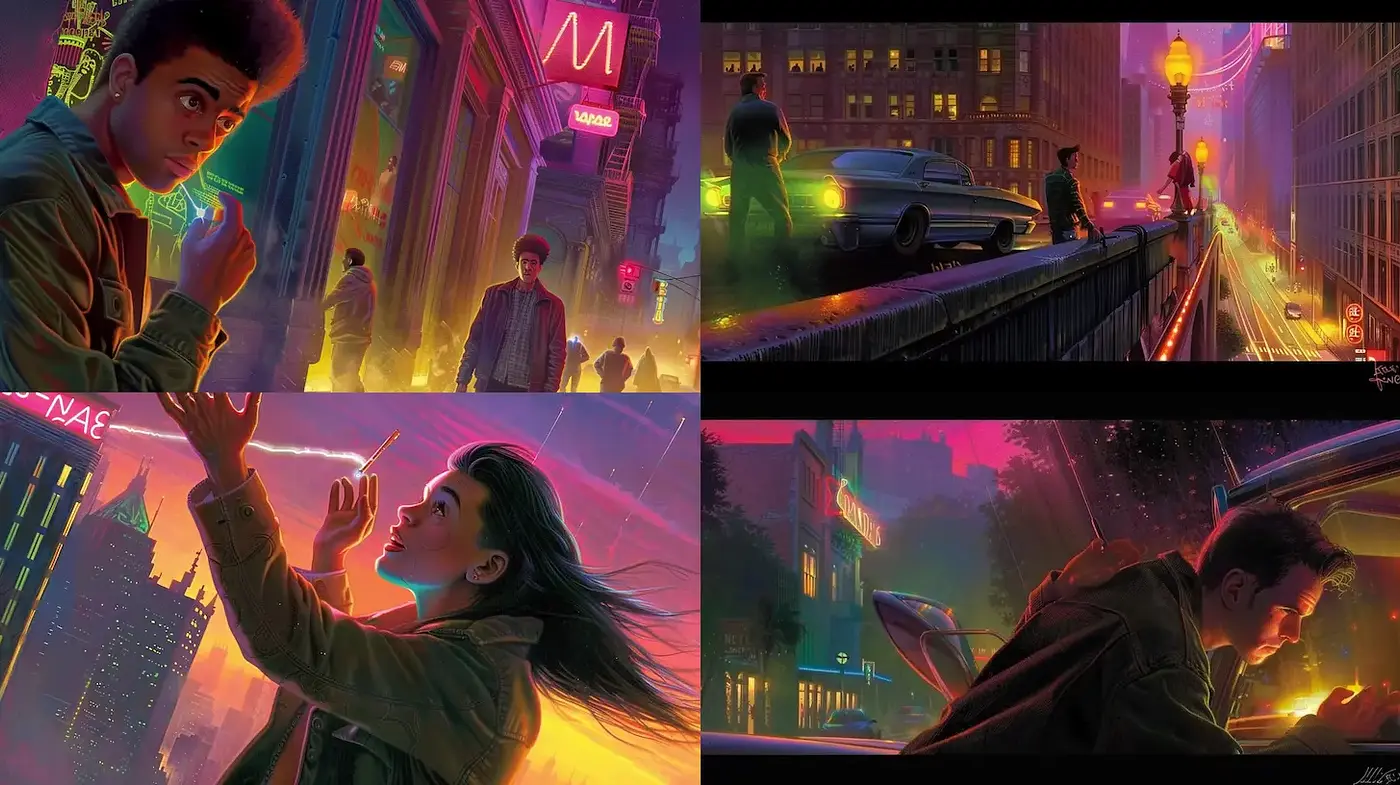 Vibrant urban night scenes with a moody atmosphere - Midjourney sref style
