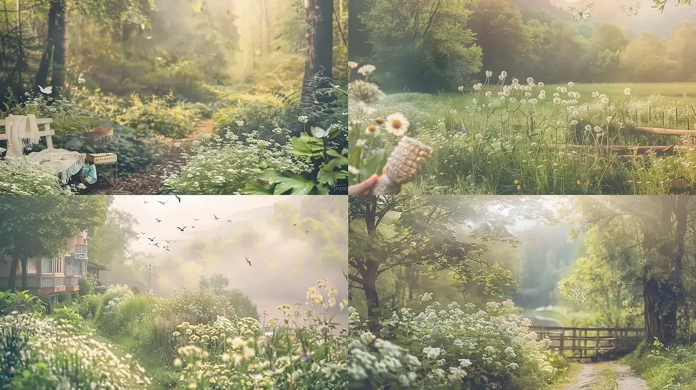 Serene and Dreamlike Landscapes in Lush, Natural Settings - Midjourney sref style