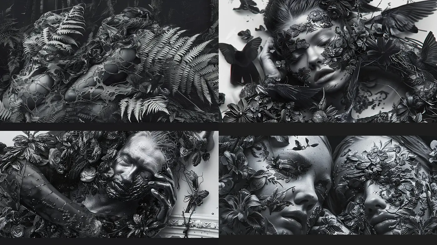 Monochromatic Botanical Dreamscapes with Surrealist Overtones - Midjourney sref style